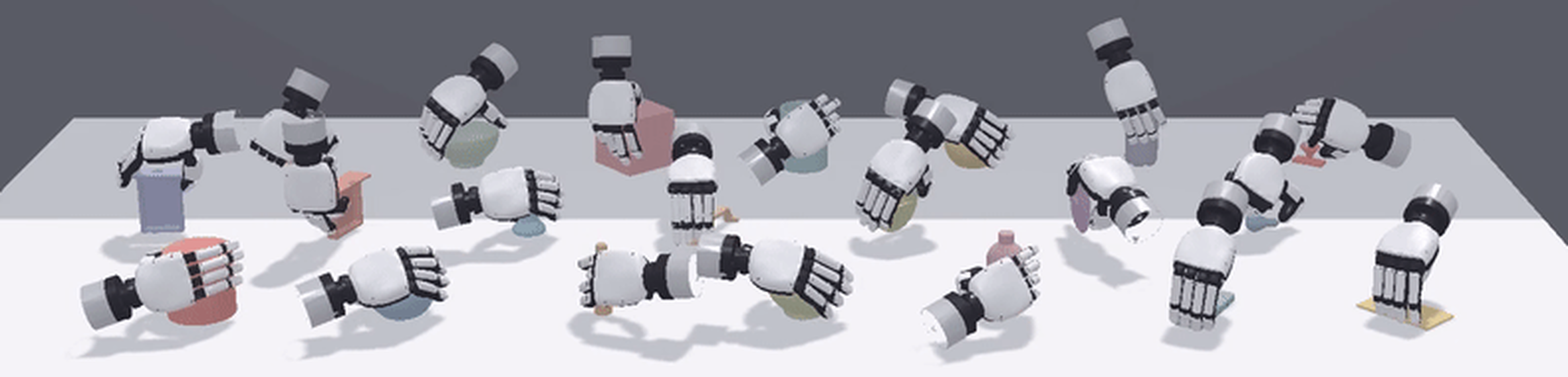 Gallery of generated bimanual demonstrations across diverse objects.