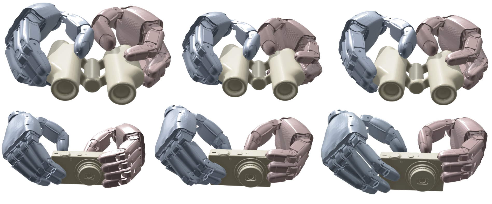 Diverse bimanual prehensile grasps generated by SynManDex.