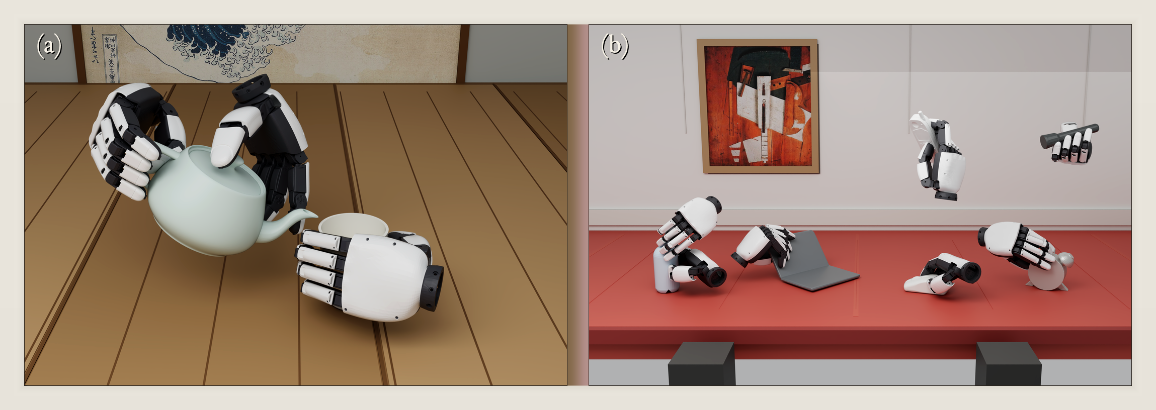 SynManDex teaser showing human-like bimanual dexterous grasping scenes with XHand.